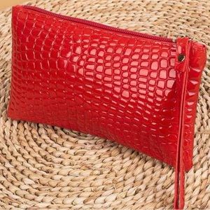 Red Crocodile Embossed Pattern Long Coin Purse with Wristlet